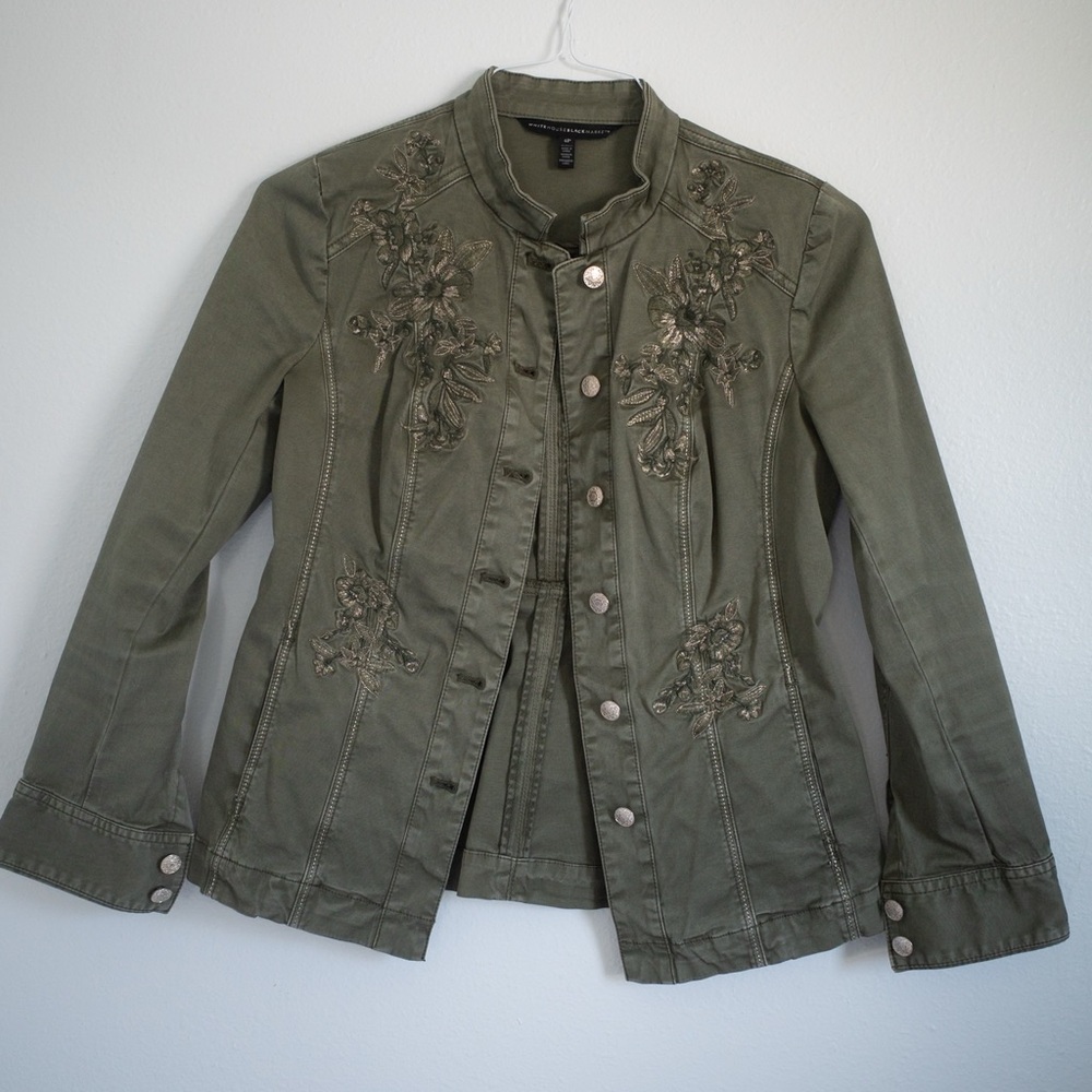 WHBM Olive Green Floral Embroidered Stretch Military Canvas Jacket Size 4P